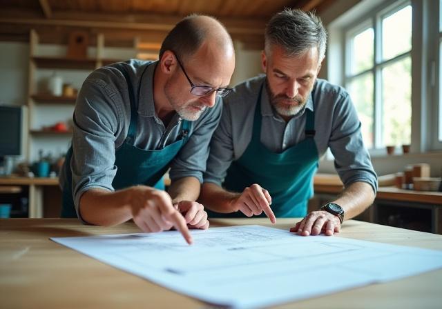 DIY professional builder reviewing blueprints on a kitchen island