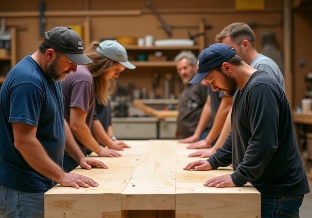 Group of people building workbenches together